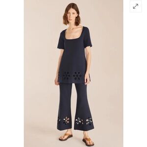 Rebecca Taylor Set Pique Embroidered Floral Cutwork Flared Pants & Shirt Navy XL